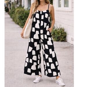 Black White Abstract Print Wide Leg Jumpsuit XL Lightweight Pocket Boho